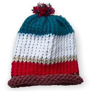 Handmade Hand Knit Kids Pink, White & Teal Chunky Knit Winter Beanie Hat One Sz